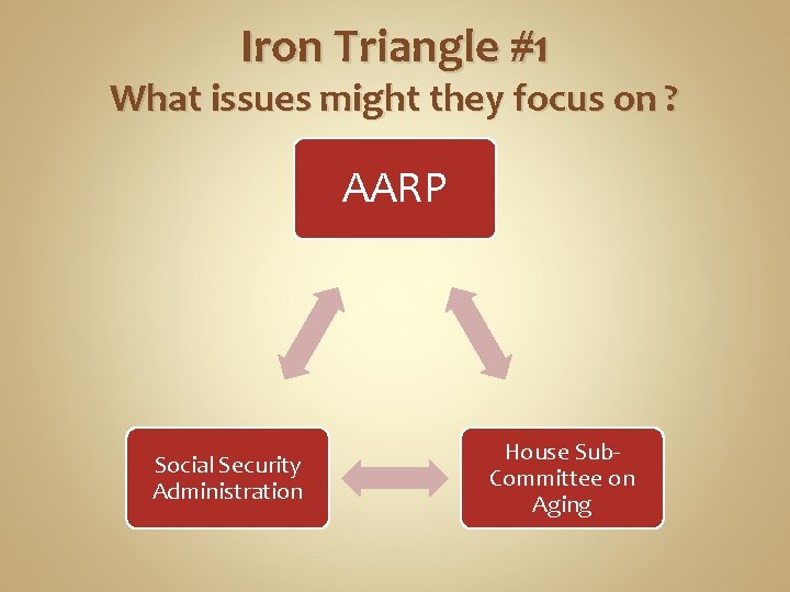 Iron Triangle #1 What issues might they focus on ? AARP Social Security Administration