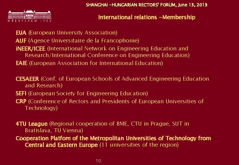 SHANGHAI -HUNGARIAN RECTORS’ FORUM, June 13, 2013 International relations -Membership EUA (European University Association)