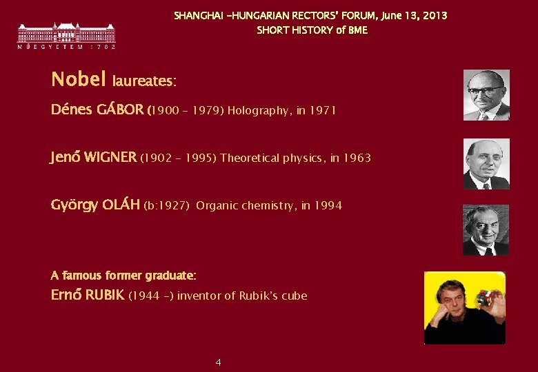 SHANGHAI -HUNGARIAN RECTORS’ FORUM, June 13, 2013 SHORT HISTORY of BME Nobel laureates: Dénes