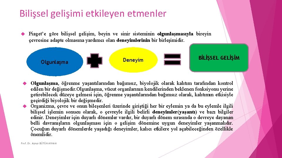 Bilişsel gelişimi etkileyen etmenler Piaget’e göre bilişsel gelişim, beyin ve sinir sisteminin olgunlaşmasıyla bireyin