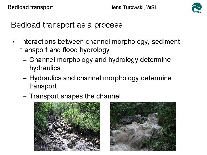 Bedload transport Jens Turowski, WSL Bedload transport as a process • Interactions between channel