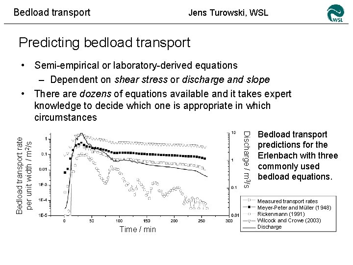 Bedload transport Jens Turowski, WSL Predicting bedload transport • Semi-empirical or laboratory-derived equations –