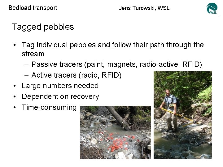 Bedload transport Jens Turowski, WSL Tagged pebbles • Tag individual pebbles and follow their