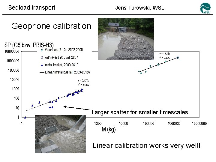 Bedload transport Jens Turowski, WSL Geophone calibration Larger scatter for smaller timescales Linear calibration