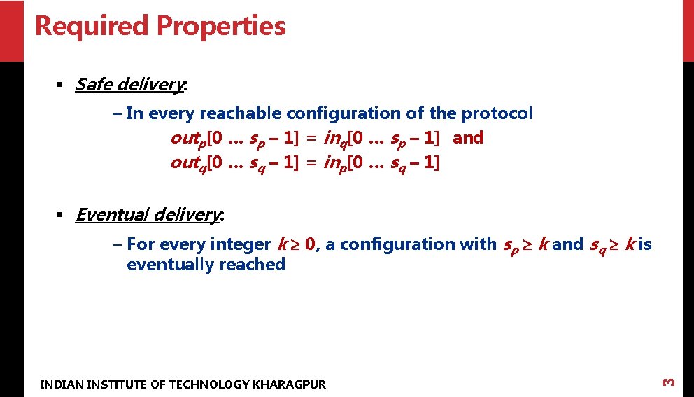 Required Properties § Safe delivery: – In every reachable configuration of the protocol outp[0