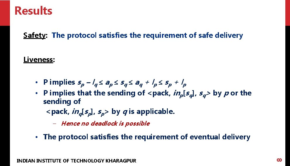 Results Safety: The protocol satisfies the requirement of safe delivery Liveness: • P implies