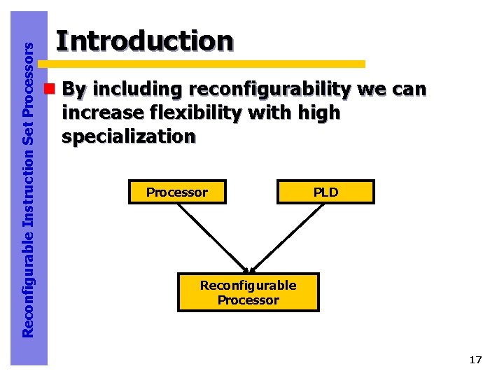 Reconfigurable Instruction Set Processors Introduction n By including reconfigurability we can increase flexibility with