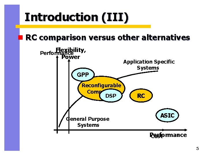 Introduction (III) n RC comparison versus other alternatives Flexibility, Power Performance Application Specific Systems