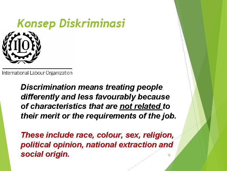 Konsep Diskriminasi Discrimination means treating people differently and less favourably because of characteristics that