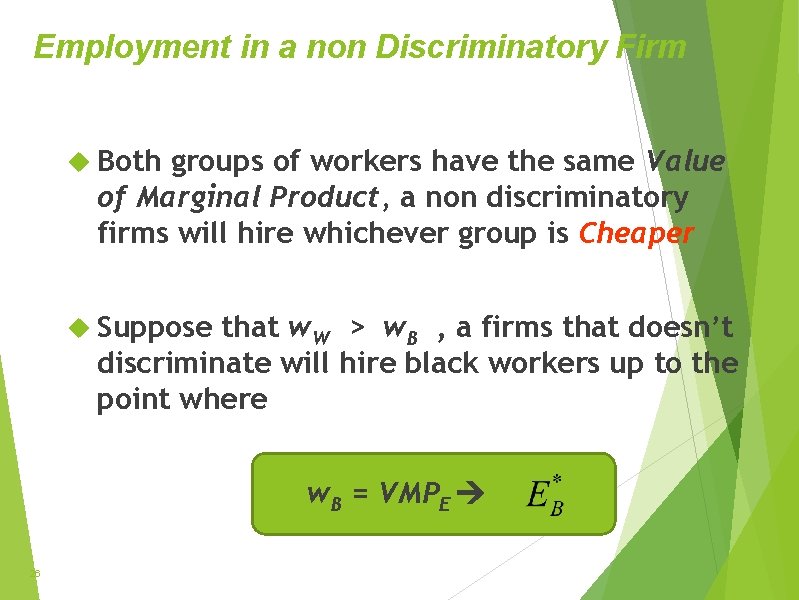 Employment in a non Discriminatory Firm Both groups of workers have the same Value