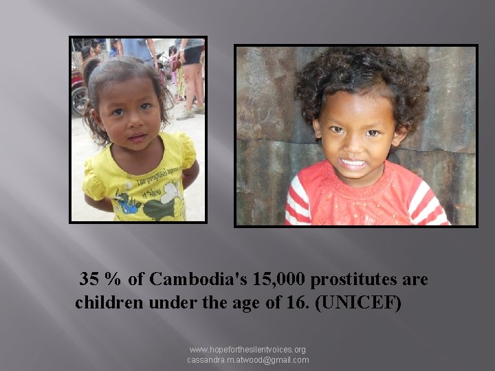 35 % of Cambodia's 15, 000 prostitutes are children under the age of 16.