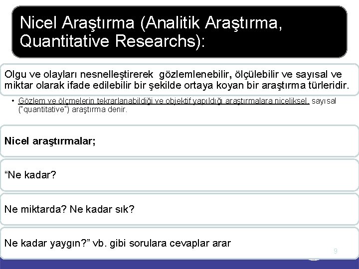 Nicel Araştırma (Analitik Araştırma, Quantitative Researchs): Olgu ve olayları nesnelleştirerek gözlemlenebilir, ölçülebilir ve sayısal