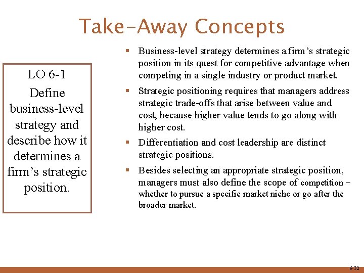 Take-Away Concepts LO 6 -1 Define business-level strategy and describe how it determines a