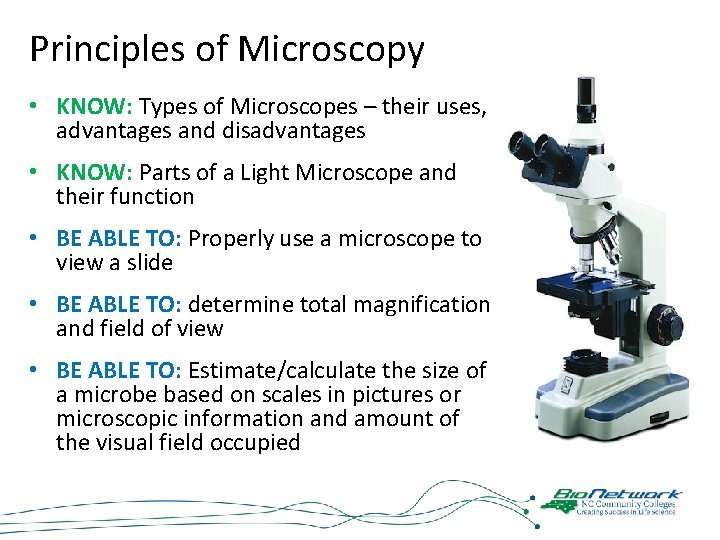 Principles of Microscopy • KNOW: Types of Microscopes – their uses, advantages and disadvantages