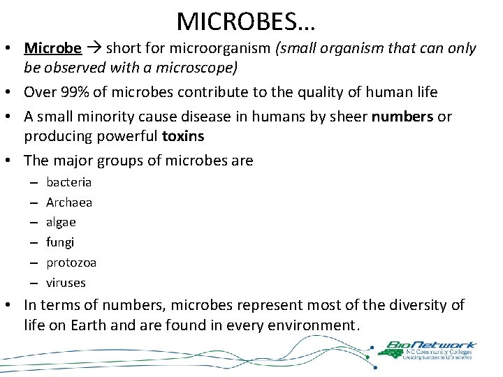 MICROBES… • Microbe short for microorganism (small organism that can only be observed with
