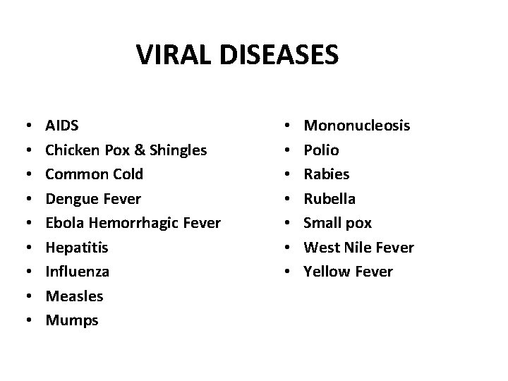 VIRAL DISEASES • • • AIDS Chicken Pox & Shingles Common Cold Dengue Fever