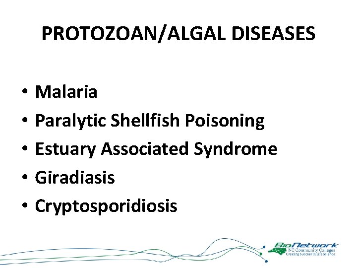 PROTOZOAN/ALGAL DISEASES • • • Malaria Paralytic Shellfish Poisoning Estuary Associated Syndrome Giradiasis Cryptosporidiosis