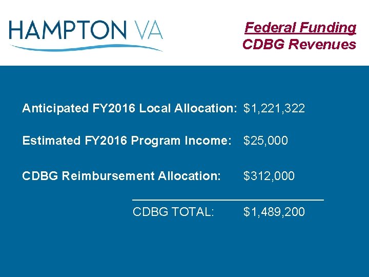 Federal Funding CDBG Revenues Anticipated FY 2016 Local Allocation: $1, 221, 322 Estimated FY