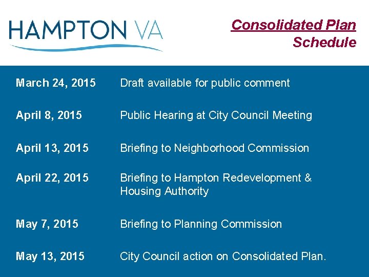 Consolidated Plan Schedule March 24, 2015 Draft available for public comment April 8, 2015