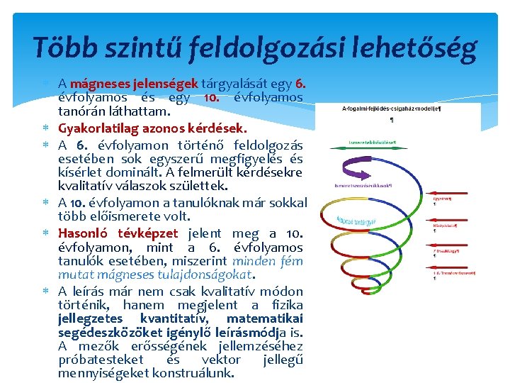 Több szintű feldolgozási lehetőség A mágneses jelenségek tárgyalását egy 6. évfolyamos és egy 10.