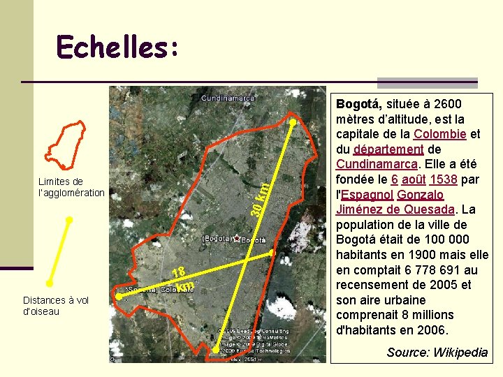 Echelles: Distances à vol d’oiseau 30 k m Limites de l’agglomération 18 km Bogotá,