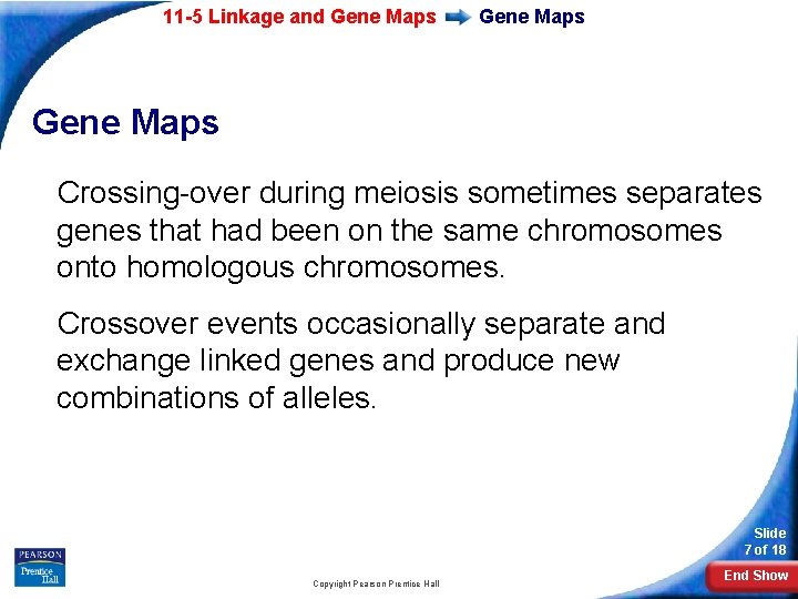 11 -5 Linkage and Gene Maps Crossing-over during meiosis sometimes separates genes that had