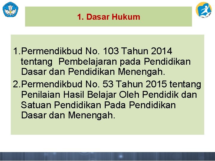 1. Dasar Hukum 1. Permendikbud No. 103 Tahun 2014 tentang Pembelajaran pada Pendidikan Dasar