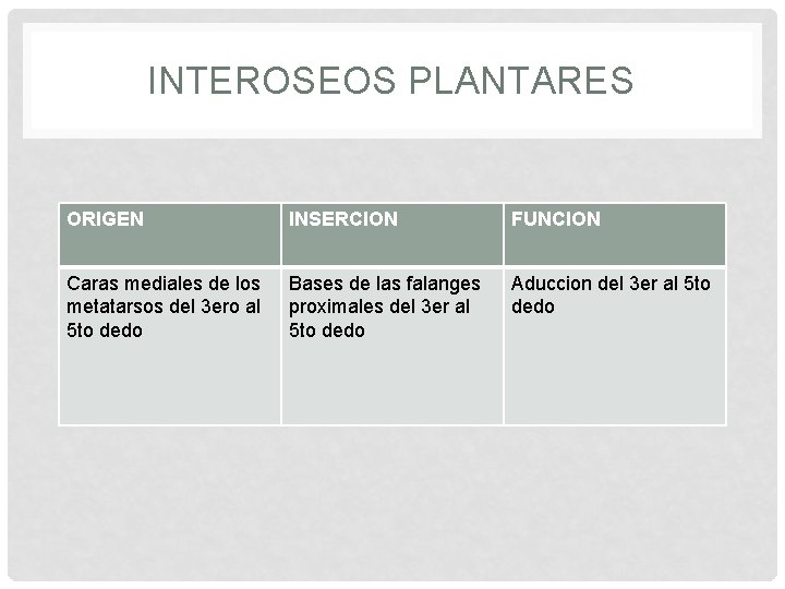 INTEROSEOS PLANTARES ORIGEN INSERCION FUNCION Caras mediales de los metatarsos del 3 ero al
