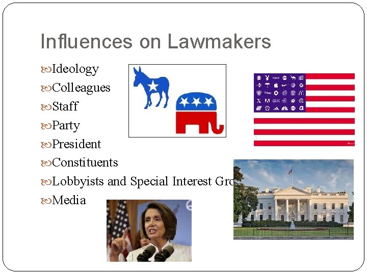 Influences on Lawmakers Ideology Colleagues Staff Party President Constituents Lobbyists and Special Interest Groups