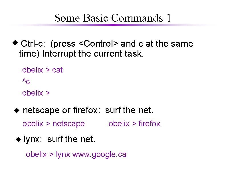 Some Basic Commands 1 Ctrl-c: (press <Control> and c at the same time) Interrupt