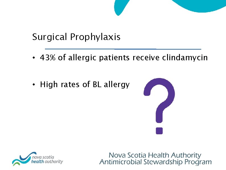 Surgical Prophylaxis • 43% of allergic patients receive clindamycin • High rates of BL