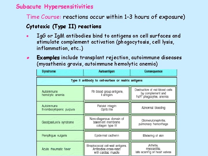 Subacute Hypersensitivities Time Course: reactions occur within 1 -3 hours of exposure) Cytotoxic (Type