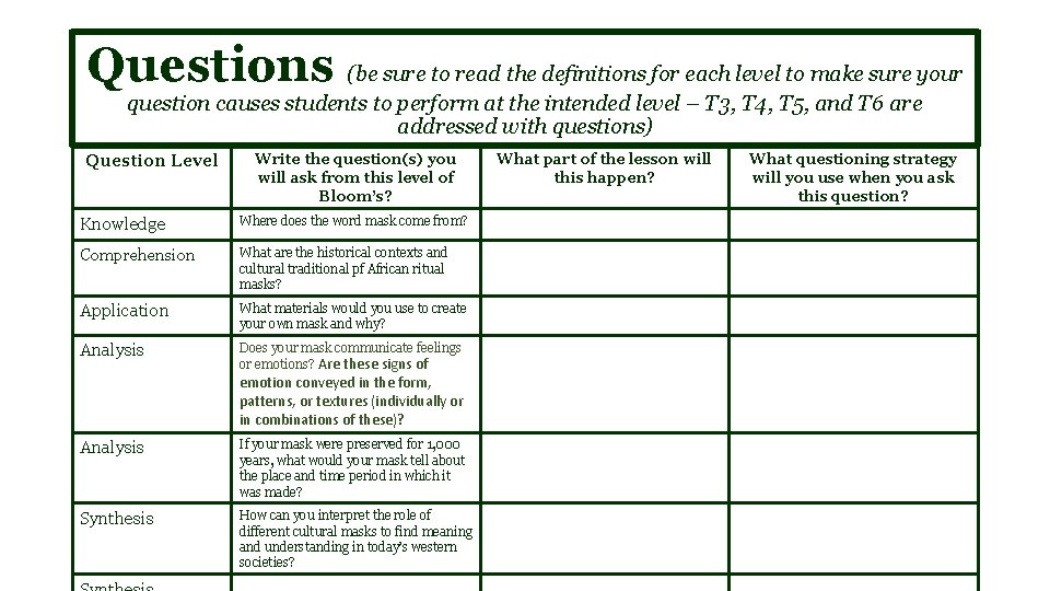 Questions (be sure to read the definitions for each level to make sure your