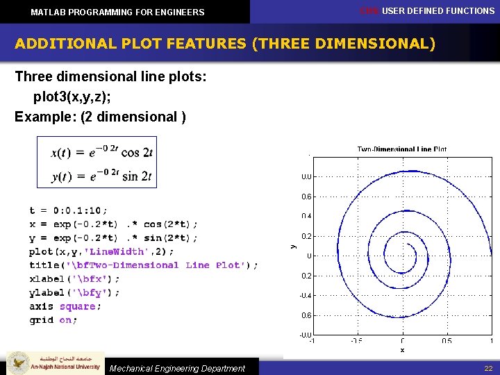 MATLAB PROGRAMMING FOR ENGINEERS CH 5: USER DEFINED FUNCTIONS ADDITIONAL PLOT FEATURES (THREE DIMENSIONAL)