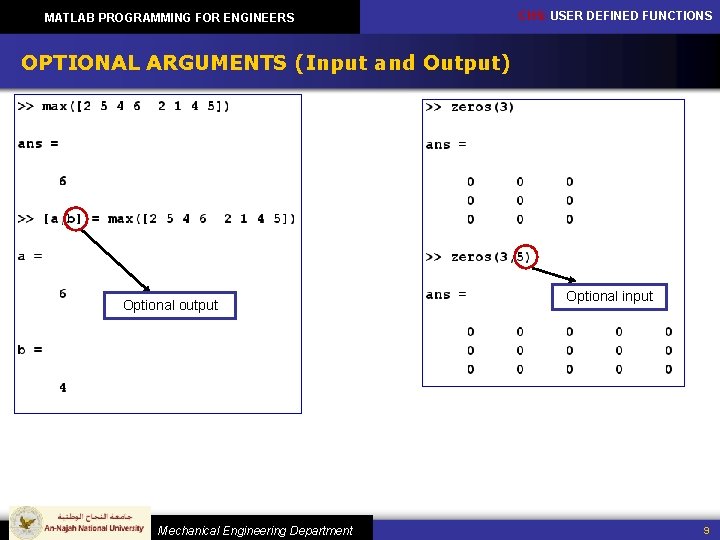 MATLAB PROGRAMMING FOR ENGINEERS CH 5: USER DEFINED FUNCTIONS OPTIONAL ARGUMENTS (Input and Output)