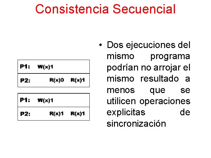 Consistencia Secuencial • Dos ejecuciones del mismo programa podrían no arrojar el mismo resultado