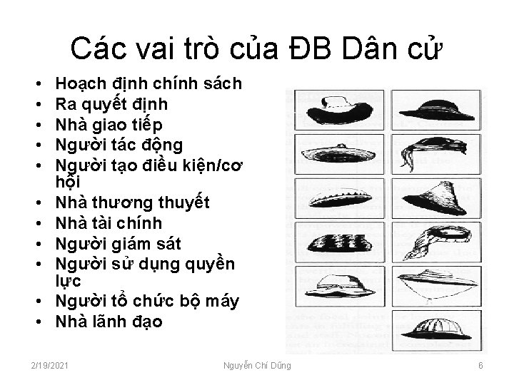 Các vai trò của ĐB Dân cử • • • Hoạch định chính sách