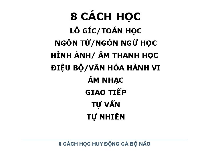 8 CÁCH HỌC LÔ GÍC/TOÁN HỌC NGÔN TỪ/NGÔN NGỮ HỌC HÌNH ẢNH/ M THANH