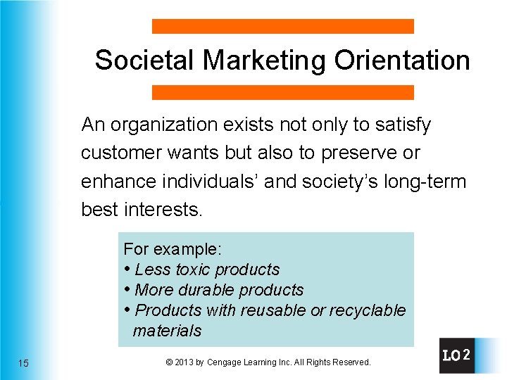 Societal Marketing Orientation An organization exists not only to satisfy customer wants but also