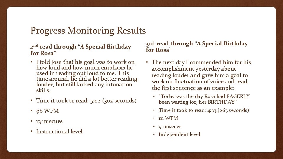 Progress Monitoring Results 2 nd read through “A Special Birthday for Rosa” • I