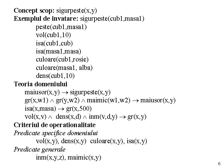 Concept scop: sigurpeste(x, y) Exemplul de invatare: sigurpeste(cub 1, masa 1) vol(cub 1, 10)