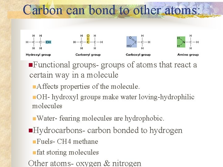 Carbon can bond to other atoms: n n. Functional groups- groups of atoms that