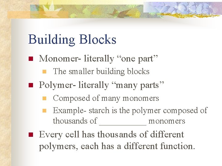 Building Blocks n Monomer- literally “one part” n n Polymer- literally “many parts” n