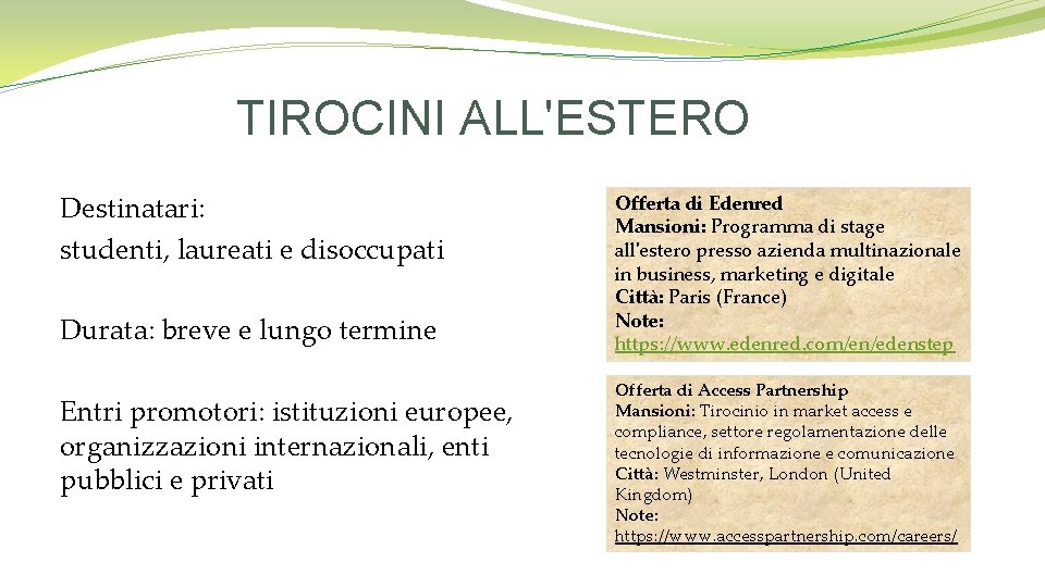 TIROCINI ALL'ESTERO Destinatari: studenti, laureati e disoccupati Durata: breve e lungo termine Entri promotori: