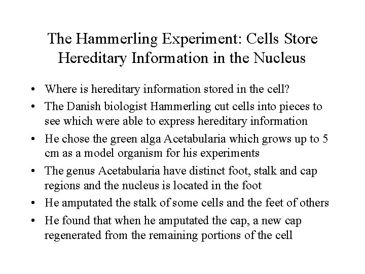 The Hammerling Experiment: Cells Store Hereditary Information in the Nucleus • Where is hereditary