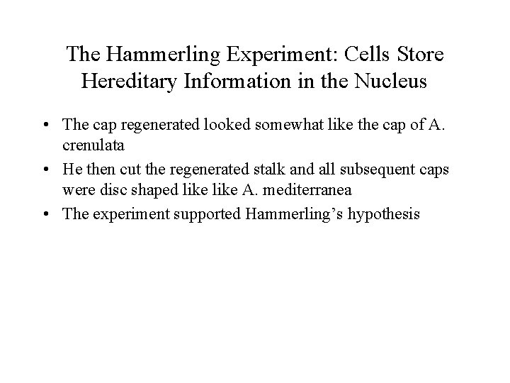 The Hammerling Experiment: Cells Store Hereditary Information in the Nucleus • The cap regenerated