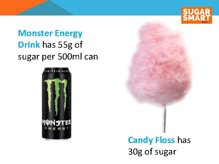Monster Energy Drink has 55 g of sugar per 500 ml can Candy Floss
