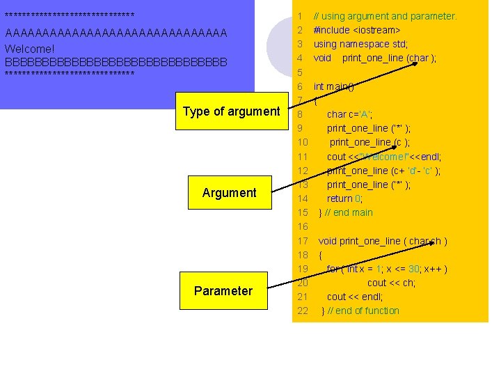 *************** AAAAAAAAAAAAAAA Welcome! BBBBBBBBBBBBBBB *************** Type of argument Argument Parameter 1 2 3 4