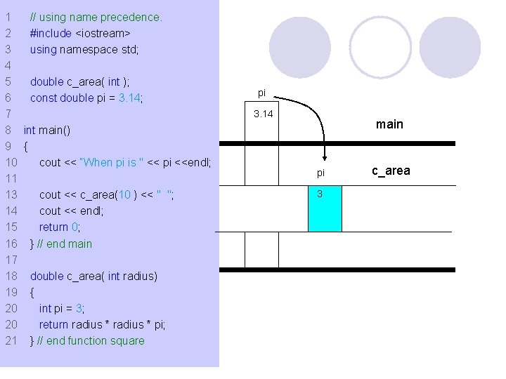 1 // using name precedence. 2 #include <iostream> 3 using namespace std; 4 5