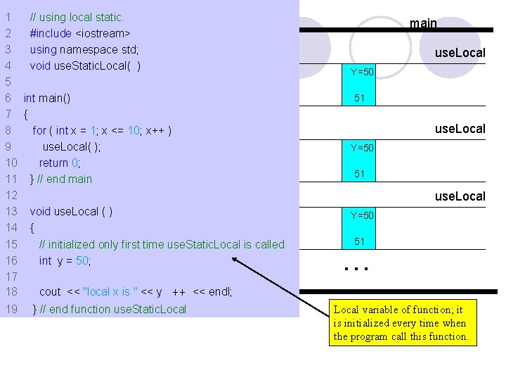 1 // using local static. 2 #include <iostream> 3 using namespace std; 4 void